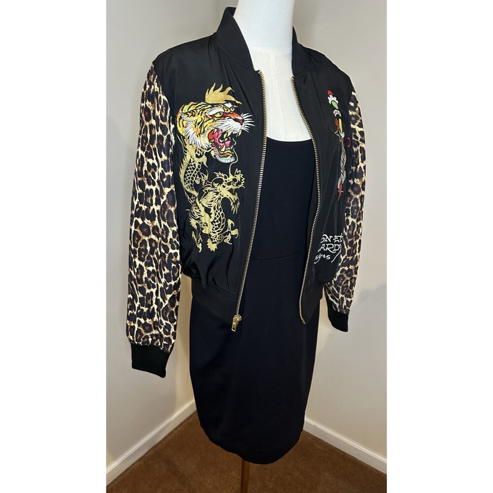 NWT Ed Hardy Y2K Bomber Jacket Tiger Dagger Souvenir Leopard Sleeves Size S New - Picture 3 of 16